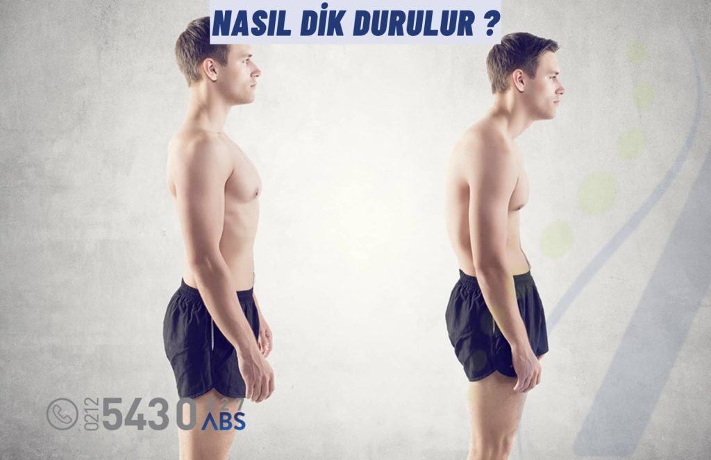 Doğru duruş eğitimi alan kişi, postür analiz aynasında omurga hizasını kontrol ediyor. Fizyoterapist eşliğinde dik durmayı öğrenme sürecini temsil eden görsel. Nasıl dik durulur ?